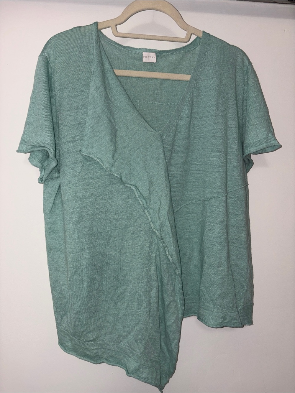 Poetry Light Green Short Sleeve V-Neck Ruffle Asymmetrical sweater shirt Large